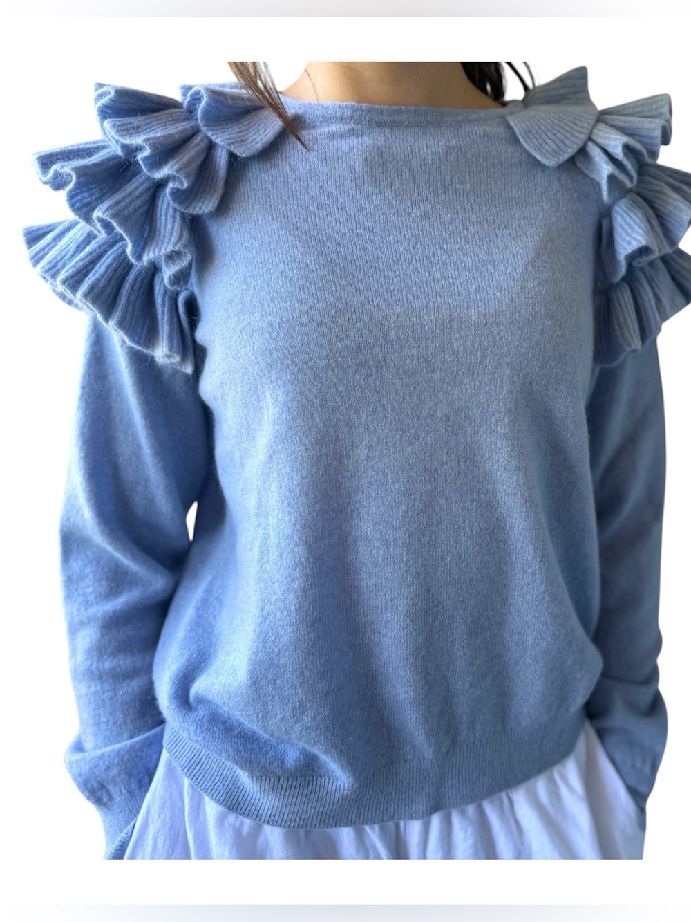 100% Cashmere Charter Club Ruffle Shoulder Sweater Blue Women’s L
